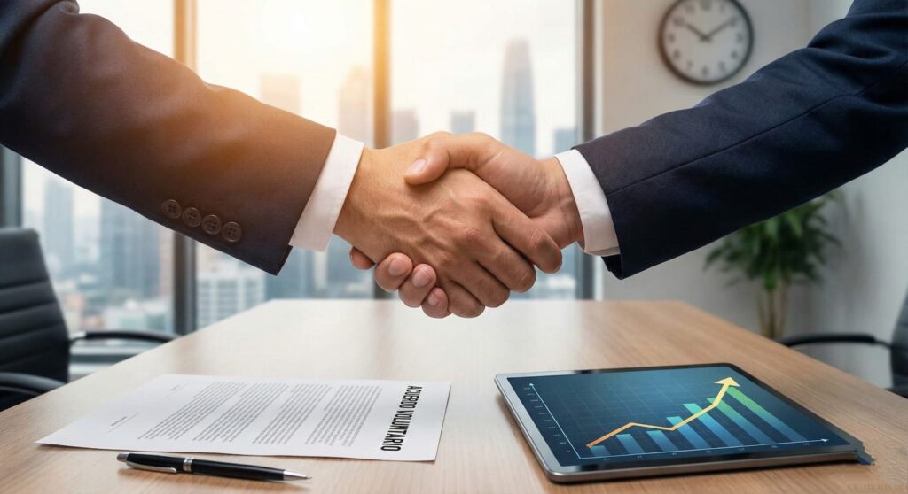 Acuerdo voluntario de mediación como inversión financiera inteligente en PRO-ACUERDO. Apretón de manos y gráfico de crecimiento.