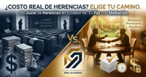 ​Infografía publicitaria del Centro de Mediación PRO-ACUERDO en Ecuador que compara visualmente un juicio de herencias versus la mediación.