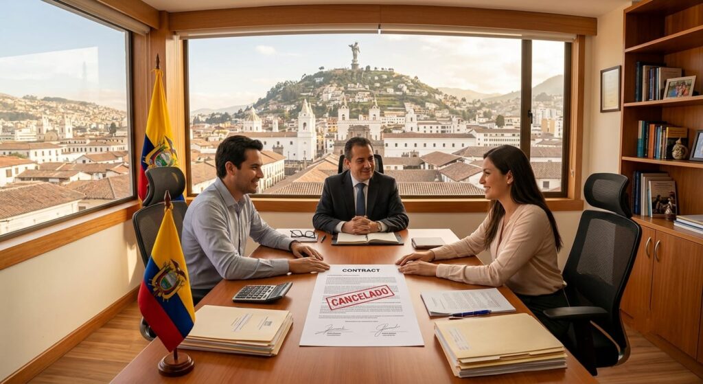 Reunión de mediación formal en Quito para resolver deudas. Un hombre y una mujer sonríen junto a un mediador en una oficina con un contrato sellado como "CANCELADO" sobre la mesa.