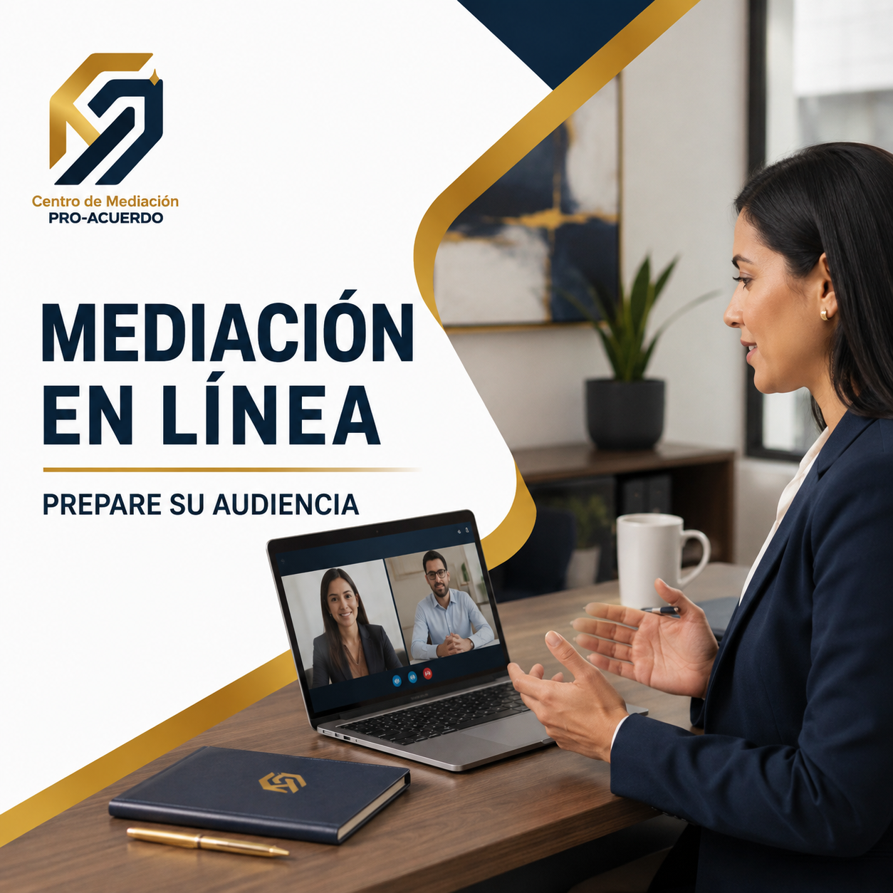 Mediadora de PRO-ACUERDO dirige una mediación en línea con dos participantes conectados por videollamada.