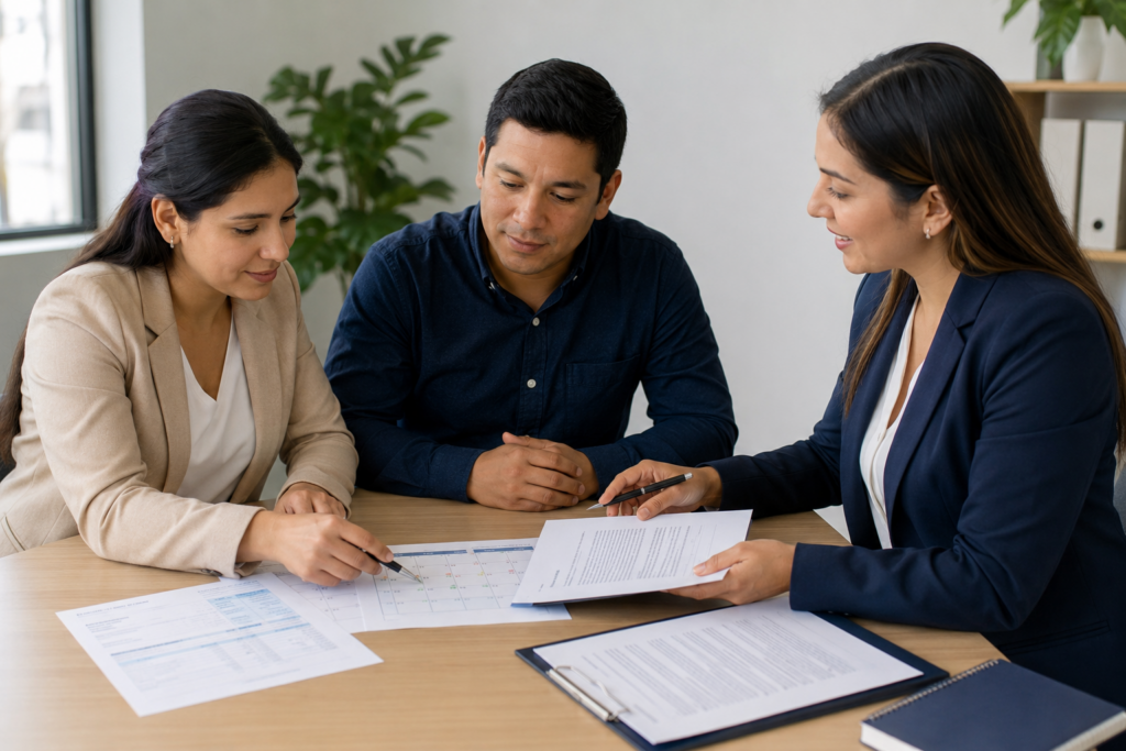 Dos personas y una mediadora revisan documentos y un calendario para definir cuotas de una deuda.