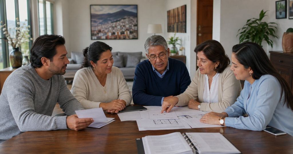 Familia adulta organiza documentos e inventario de bienes hereditarios alrededor de una mesa.