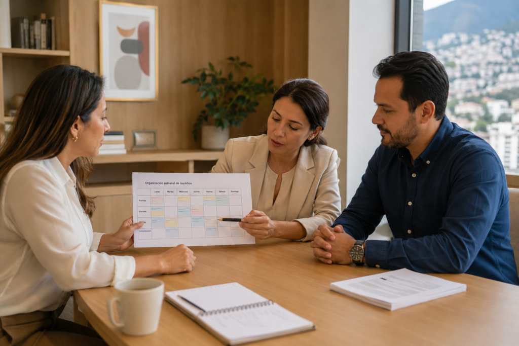 Padres y mediadora revisan un calendario para organizar rutinas, visitas y comunicación familiar.